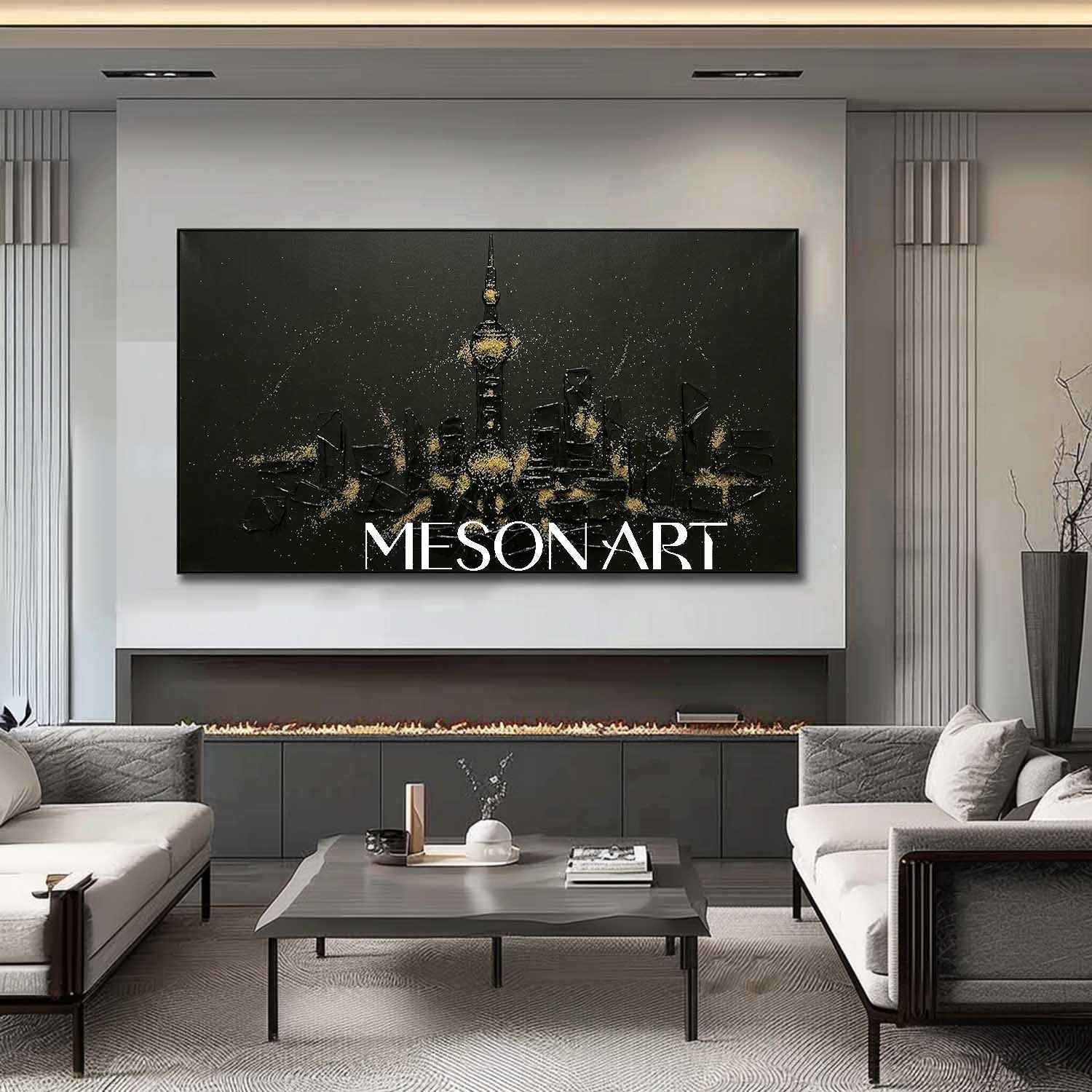 Over Sofa Panoramic Art, Executive Boardroom Centerpiece, Extra Large Horizontal Wall Decor, Framed Office Skyline.