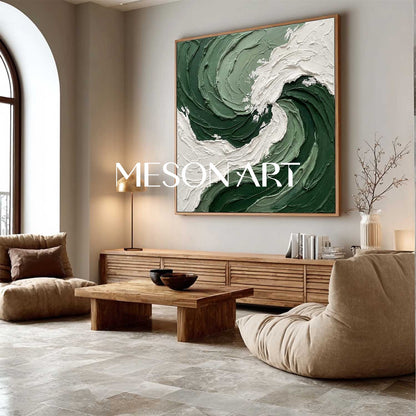 Oversized Crashing Wave Painting | Textured Forest Green Abstract Art
