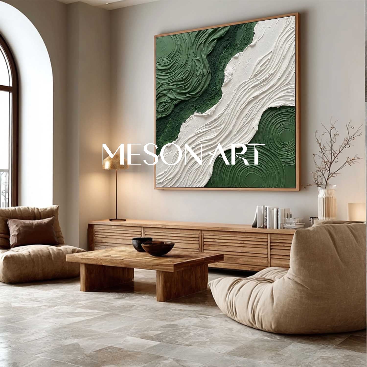 Square Dark Green Abstract Art Heavy 3D Impasto Swirl Canvas Painting