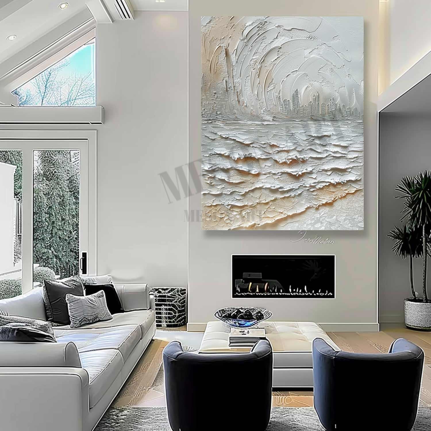 White Seaside City Abstract Painting White Seaside City Abstract Wall Art Snow Textured Art Canvas