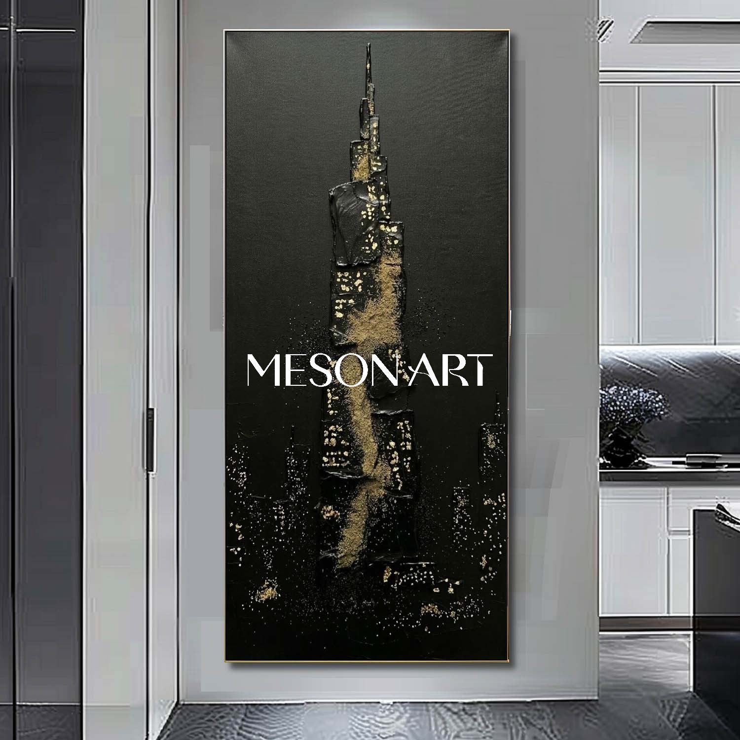 Vertical Black Gold Skyscraper Art Abstract Cityscape Wall Decor Dark Aesthetic Entryway Art
