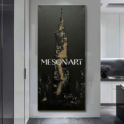 Vertical Black Gold Skyscraper Art Abstract Cityscape Wall Decor Dark Aesthetic Entryway Art