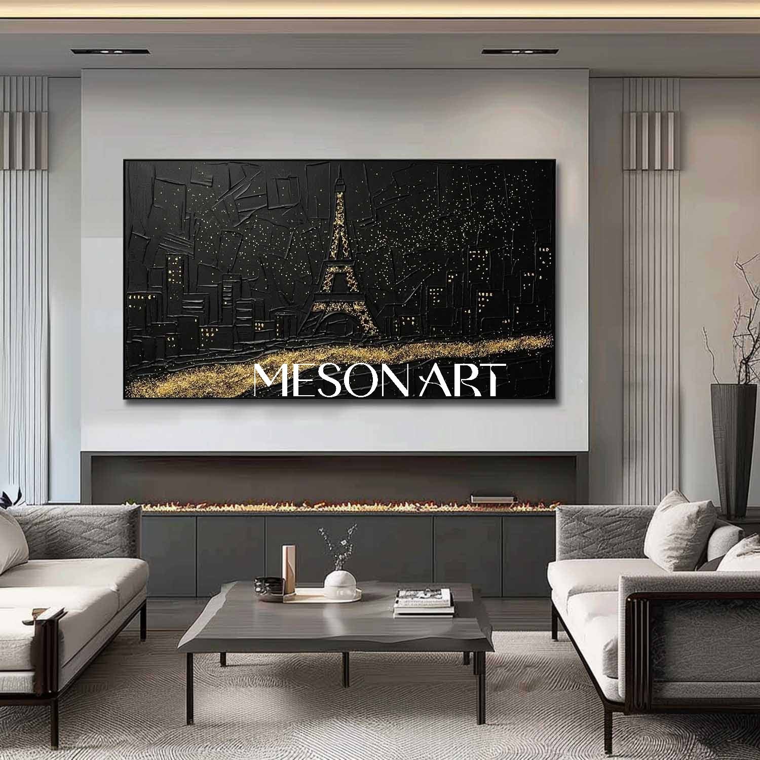 Textured Black & Gold Paris Eiffel Tower 3D Gesso Canvas Art Modern Wall Decor