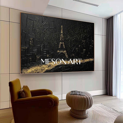 Textured Black & Gold Paris Eiffel Tower 3D Gesso Canvas Art Modern Wall Decor