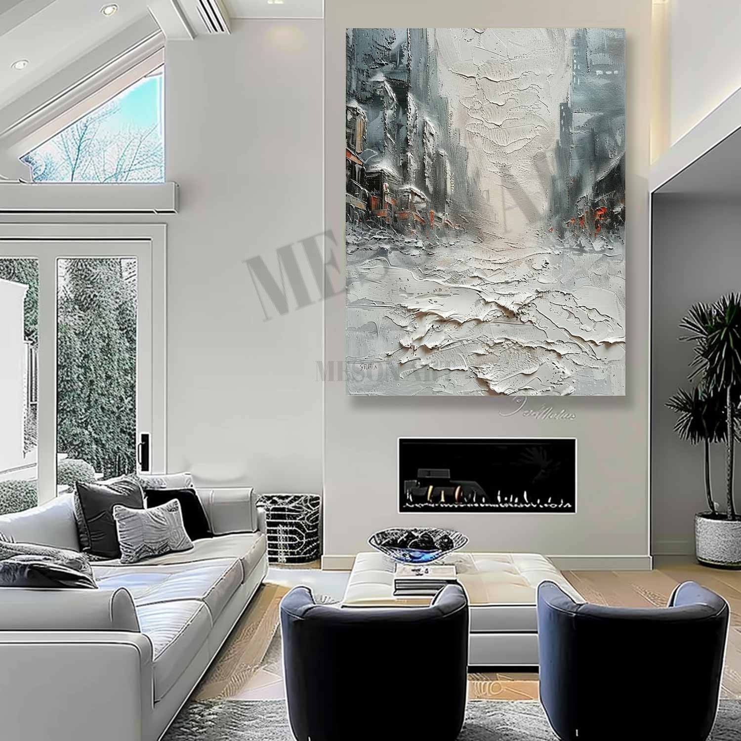 White Snowy City Abstract Canvas Painting Snowy City Abstract Wall Art Snow Texture Art