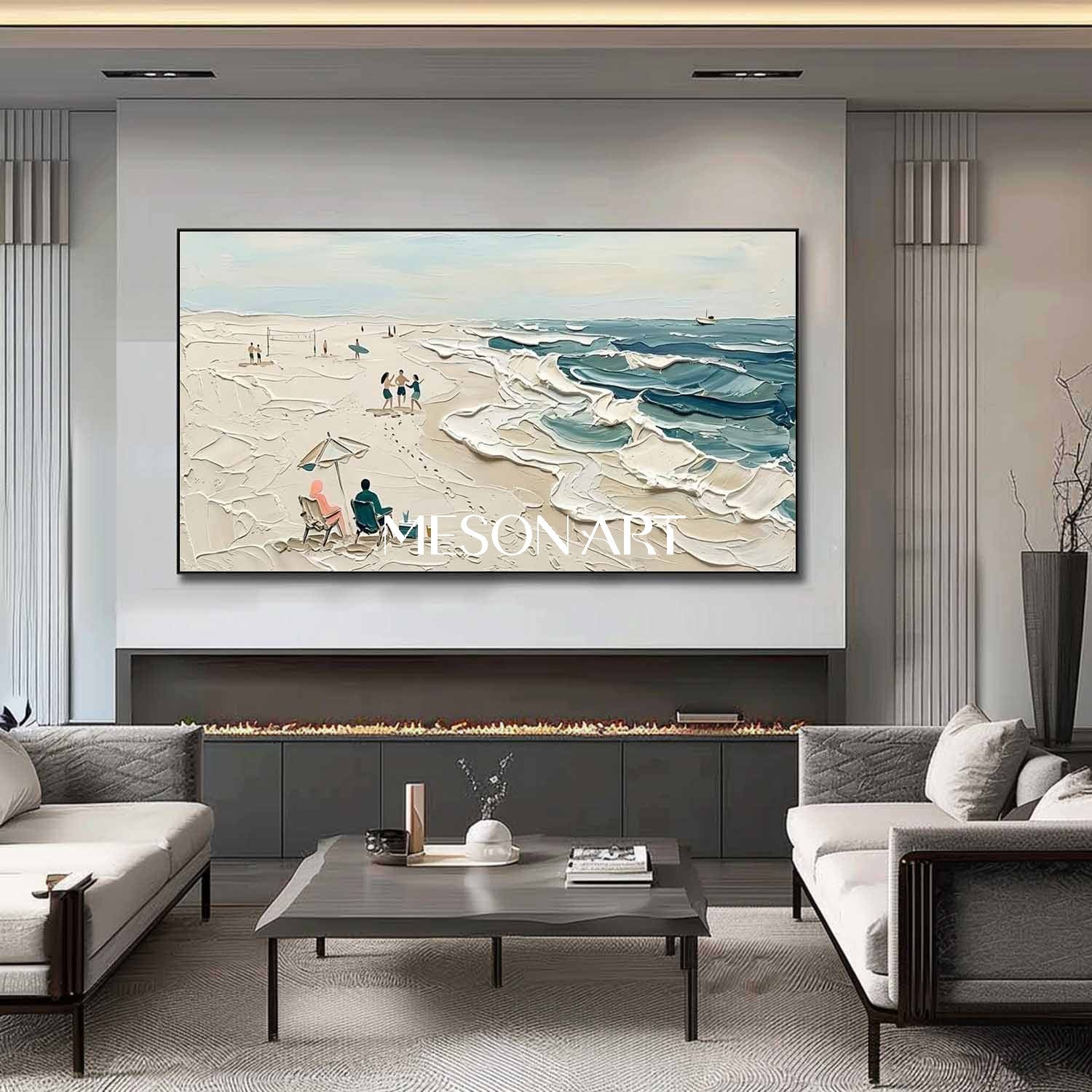 Sandy Beach Painting Beach Ocean Waves Painting Textured Wall Art Large Framed Canvas Ready To Hang Panoramic