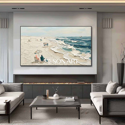 Sandy Beach Painting Beach Ocean Waves Painting Textured Wall Art Large Framed Canvas Ready To Hang Panoramic