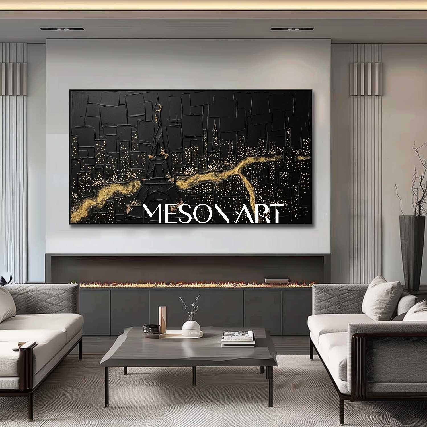 Large Abstract Forest Black Gold Canvas Minimalist Stardust Forest Aesthetic