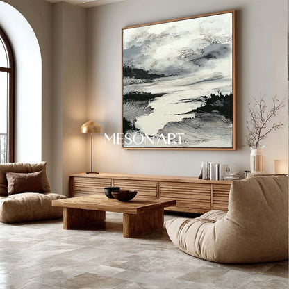 Square Minimalist Abstract Canvas Handmade White Black Wall Art Decor