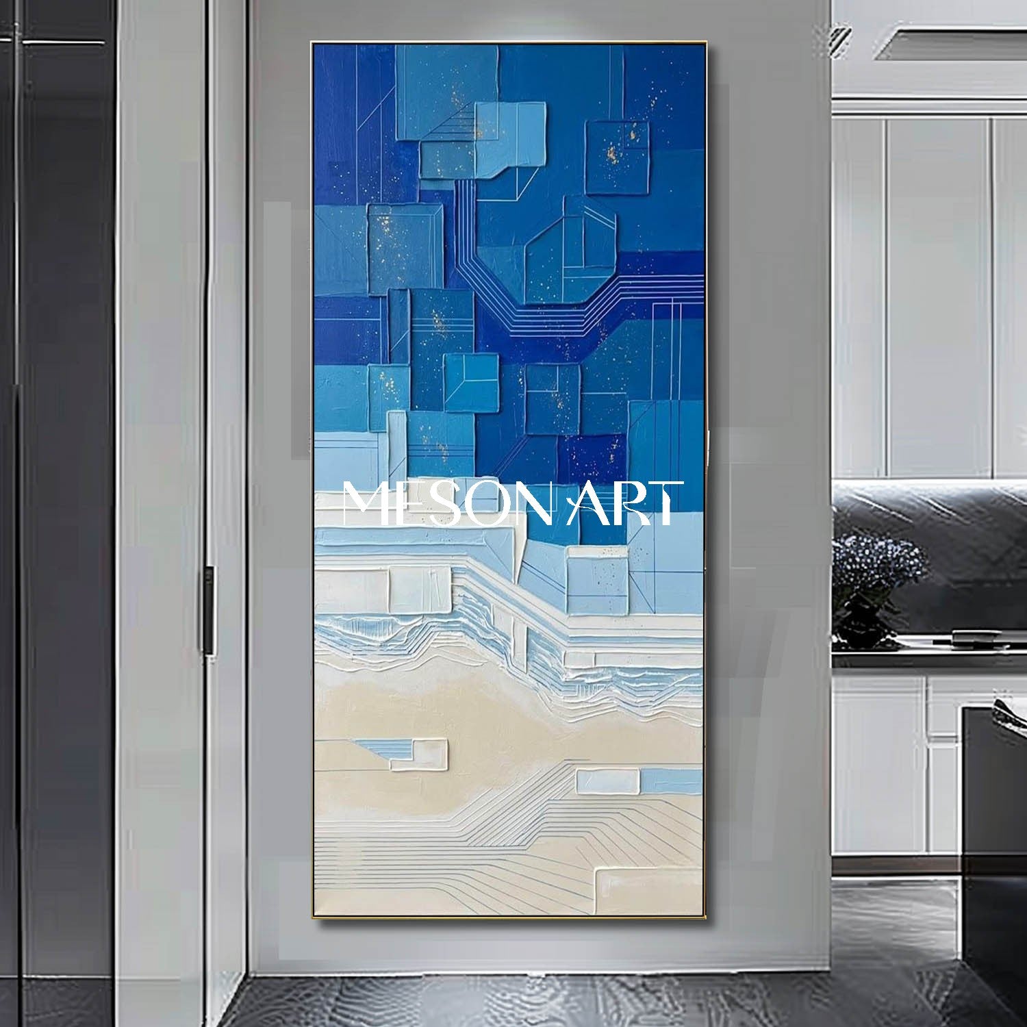 Oversized Blue Textured Art Blue Geometric Abstract Artwork Handmade Relief Wall Painting