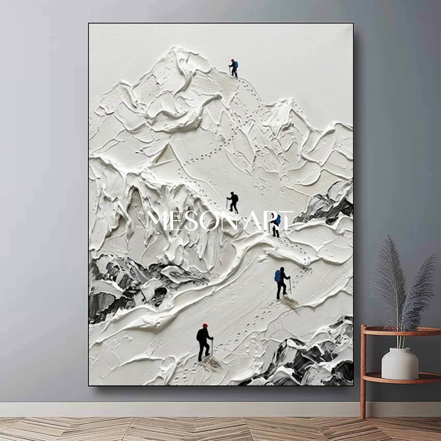 Large 3D Textured Snowy Mountain Hiker Oil Painting Minimalist Alpine Glacier Relief Wall Art Gold Frame