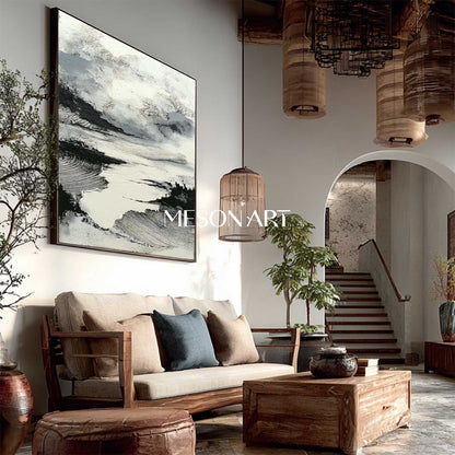 Square Minimalist Abstract Canvas Handmade White Black Wall Art Decor