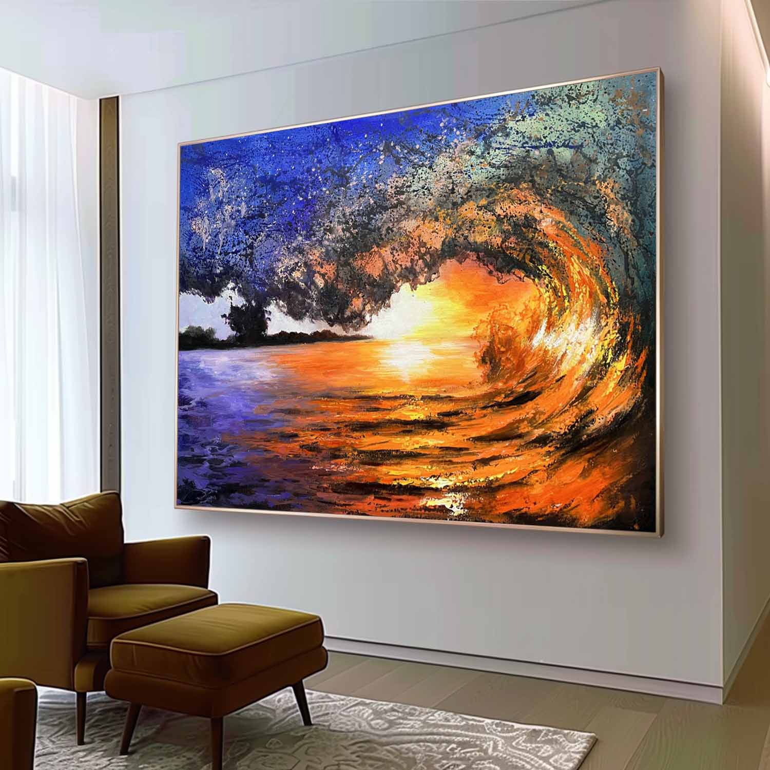 Realistic Oil Painting Of Sunset And Waves Surfing Theme Wall Art Decor Large Surfing Realism Art