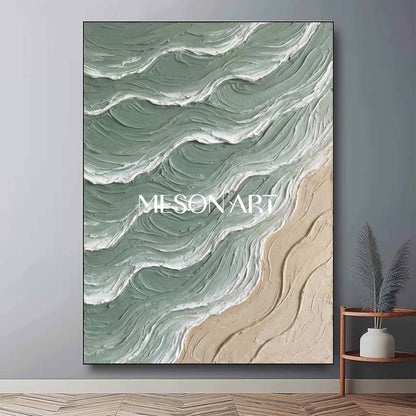 Large White And Green Wave Canvas Wall Painting Minimalist Wave Wall Art Decoration