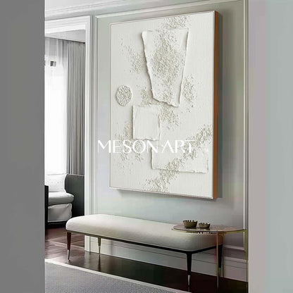 Modern 3D White Geometric Textured Canvas Painting - Abstract Plaster Relief Wall Art by MesonArt