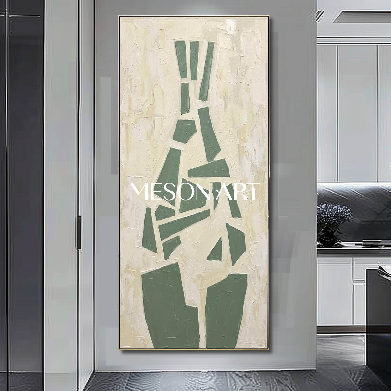 Tall Vertical Fragmented Vase Art Sage Green Geometric Still Life Custom Size Boho Minimalist Art