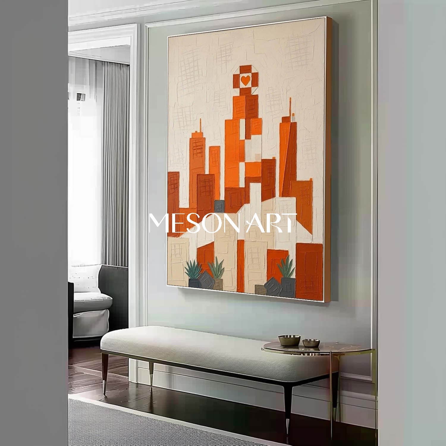 MesonArt 3D Textured Abstract Cityscape Canvas Painting | Warm Orange Geometric Plaster Wall Art | Framed Modern Home Decor