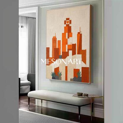 MesonArt 3D Textured Abstract Cityscape Canvas Painting | Warm Orange Geometric Plaster Wall Art | Framed Modern Home Decor