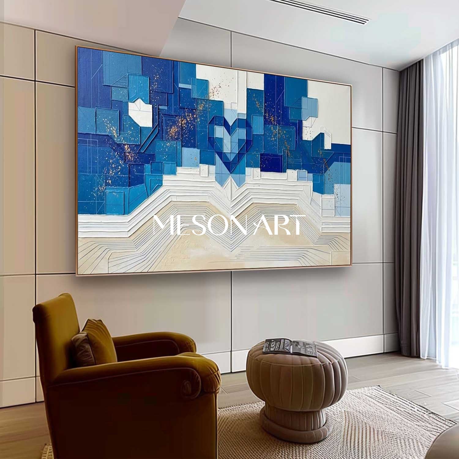 Modern Large Framed Blue and Beige Textured Geometric Heart Wall Art | 3D Plaster Canvas Painting for Living Room | MesonArt
