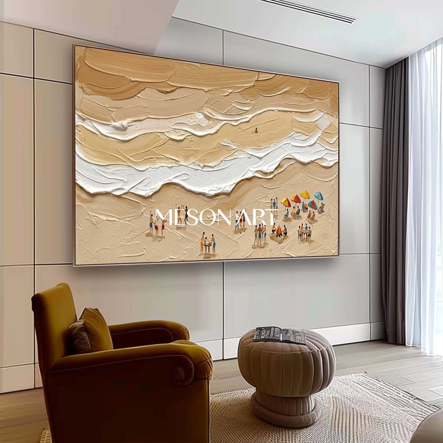Large Sandy Beach Impasto Painting Minimalist Canvas Textured Wall Art