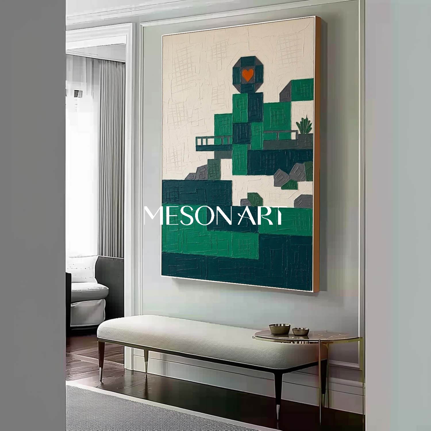 3D Textured Emerald Green Cityscape Canvas Wall Art | Geometric Urban Skyline Plaster Decor