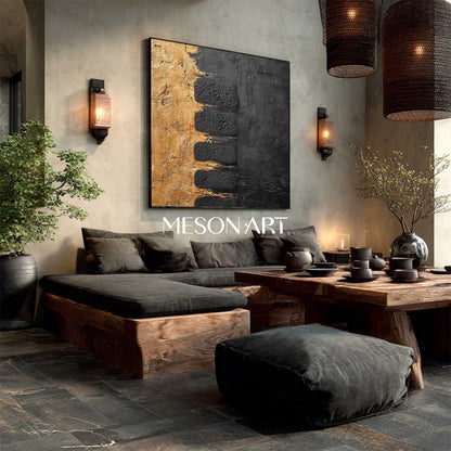 Textured Abstract Gold and Black Minimalist Art for Elegant Interiors