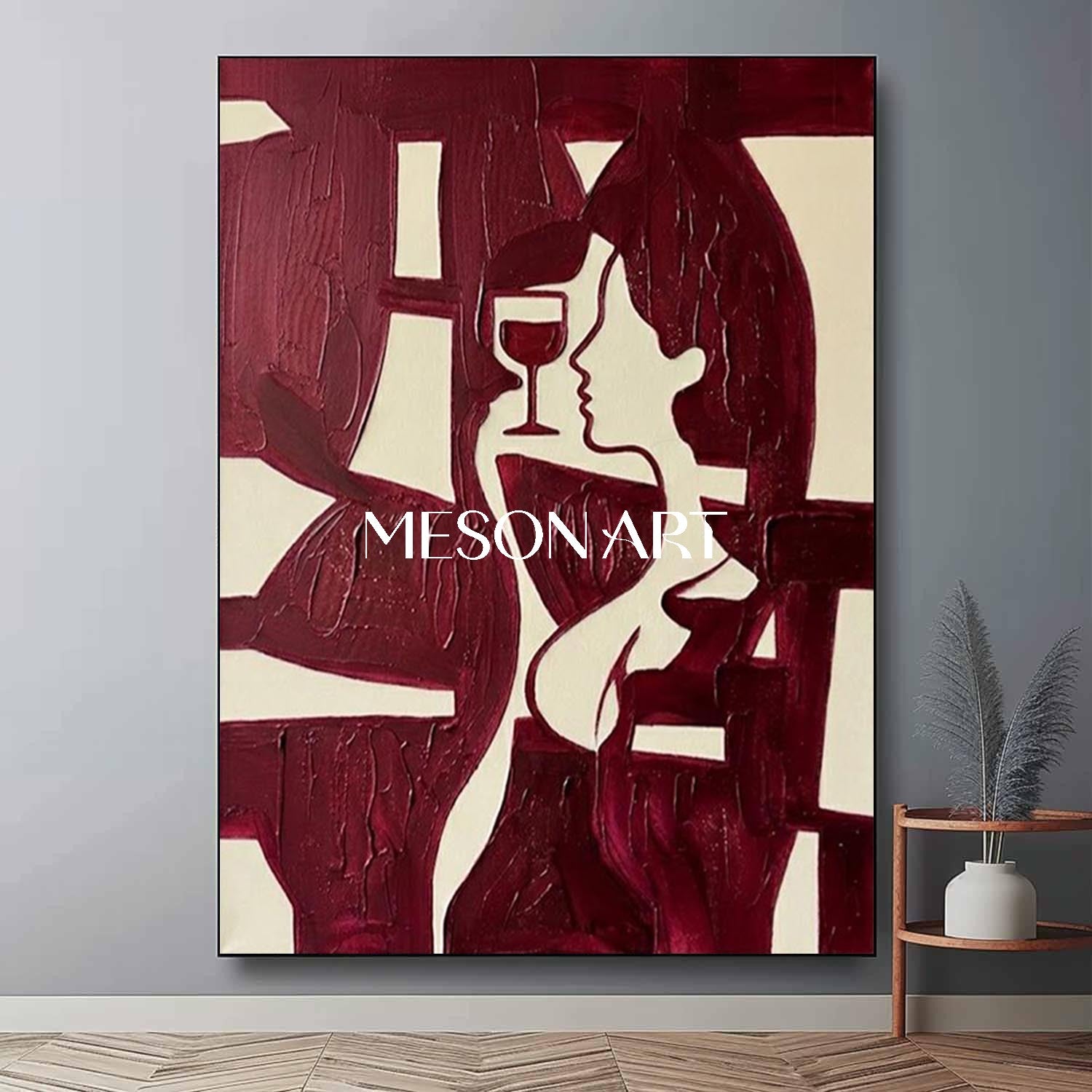 Burgundy Impasto Wall Art Modern Romantic Aesthetic Dining Room Statement Piece