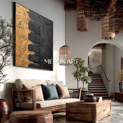 Textured Abstract Gold and Black Minimalist Art for Elegant Interiors