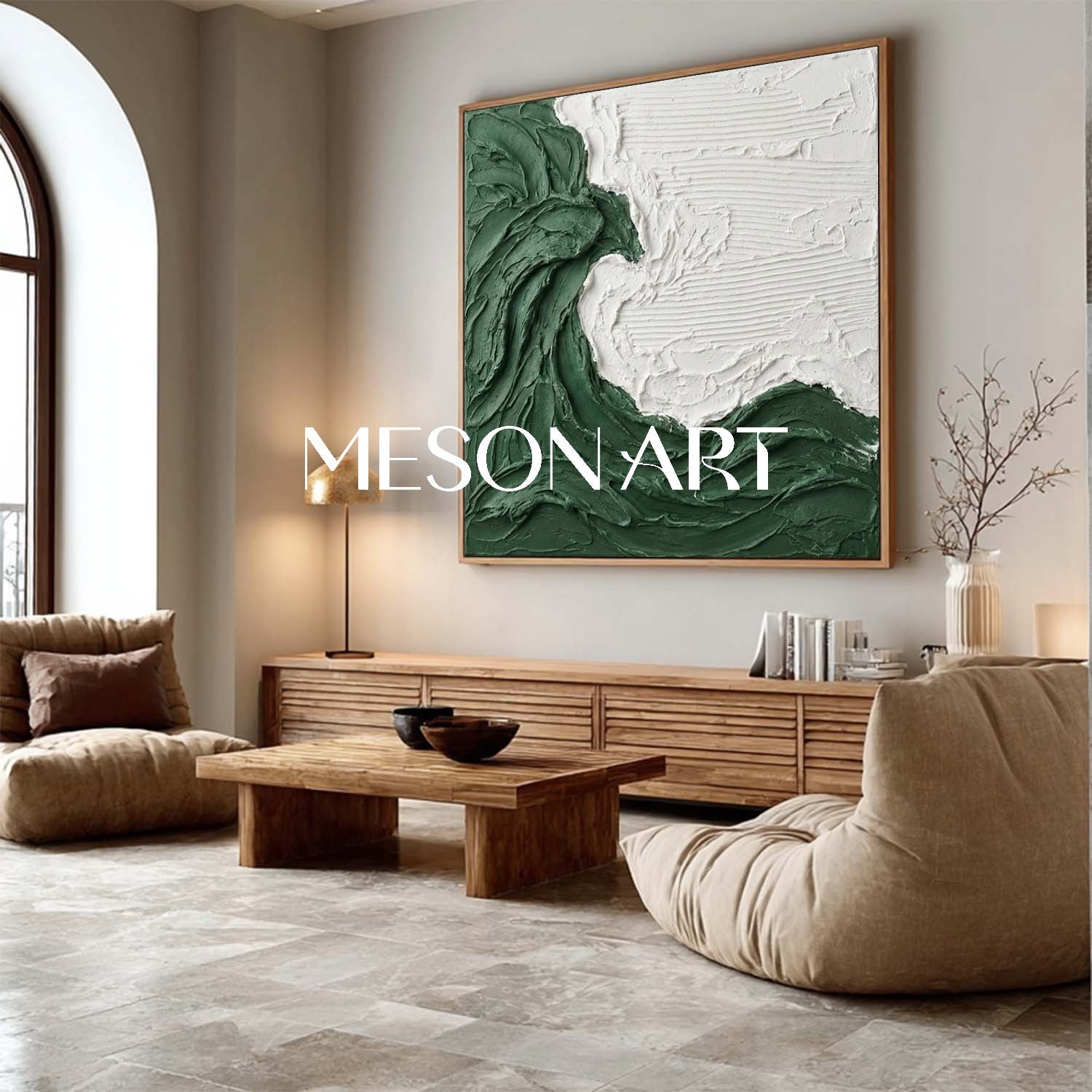 3D Green Wave Texture Painting White And Green Living Room Wall Art