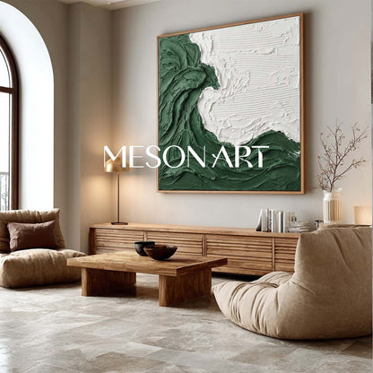 3D Green Wave Texture Painting White And Green Living Room Wall Art