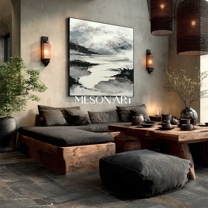 Square Minimalist Abstract Canvas Handmade White Black Wall Art Decor