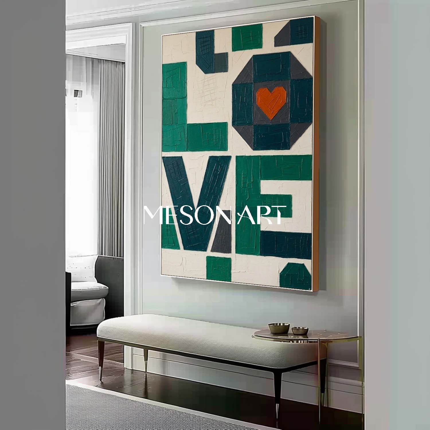 MesonArt 3D Textured Emerald Green LOVE Canvas Art | Geometric Plaster Wall Decor