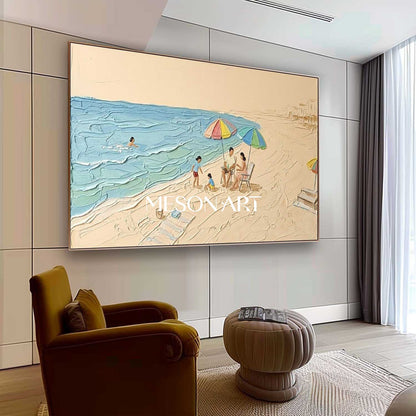 Family Beach Scene Wall Art Morandi Seascape Painting Large Vertical Canvas Art