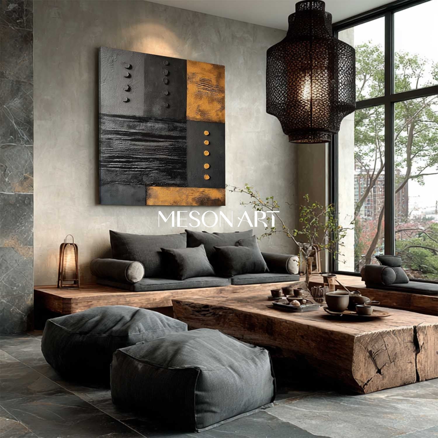 Contemporary Black and Gold Abstract Minimalist Artwork Textured Art