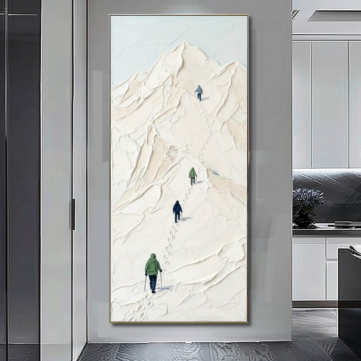3D Textured Plaster Snow Mountain Climber Painting for Organic Modern Wall Art