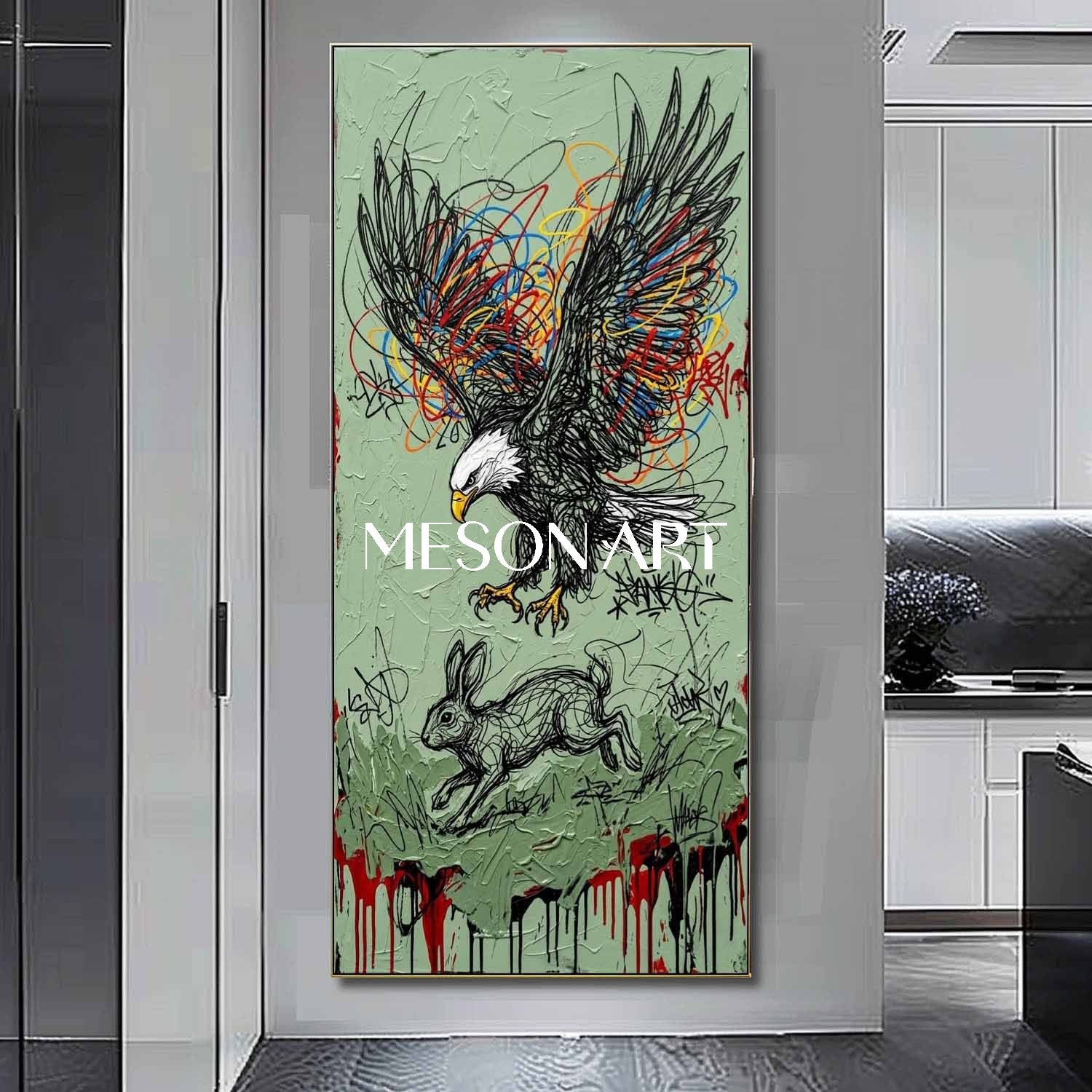 Large Vertical Framed Bald Eagle Hunting Rabbit Canvas Wall Art, Sage Green Textured Abstract Street Art Oil Painting For Office And Living Room Decor By MesonArt