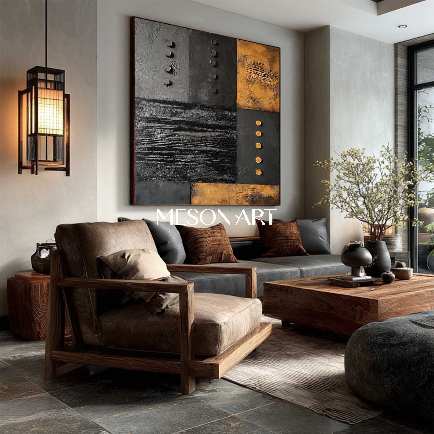 Contemporary Black and Gold Abstract Minimalist Artwork Textured Art