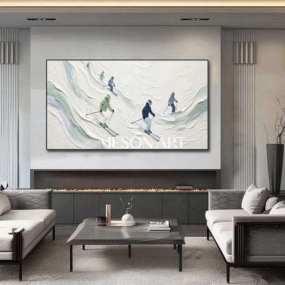 3D Textured White Snow Skiing Panoramic Canvas Wall Art for Modern Home