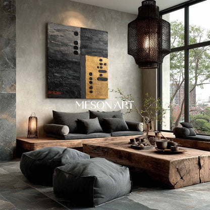 Wabi-Sabi Minimalist Abstract Black and Gold Modern Art Canvas Hallway