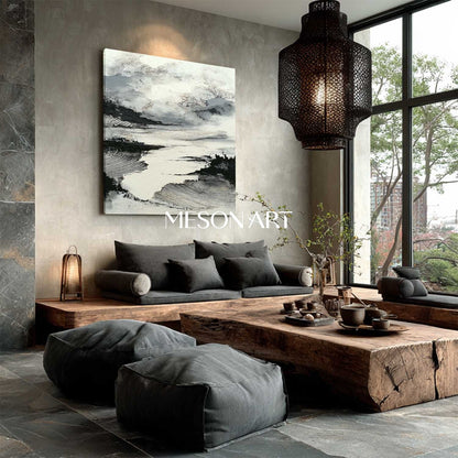 Square Minimalist Abstract Canvas Handmade White Black Wall Art Decor