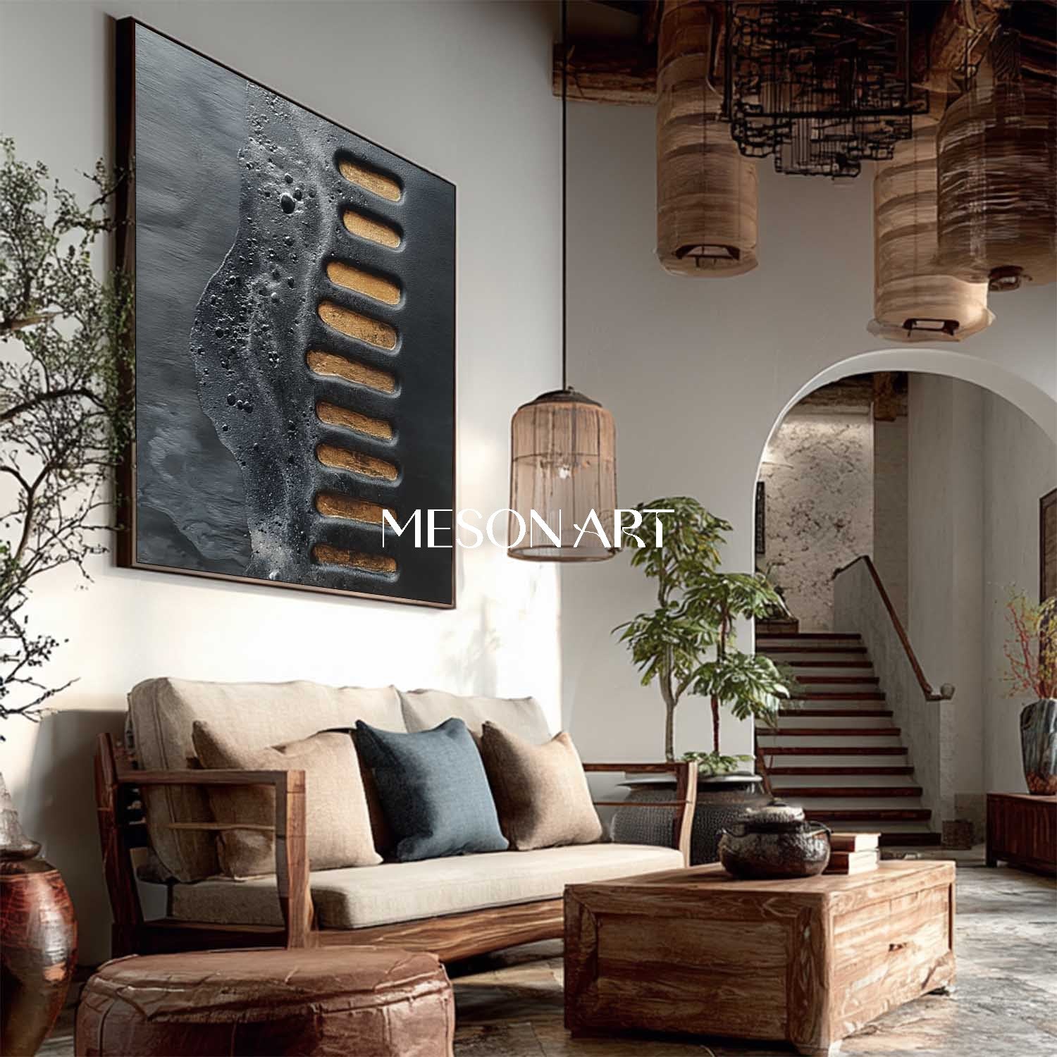 Original Wabi-Sabi Textured Black Gold Handmade Abstract Canvas Art