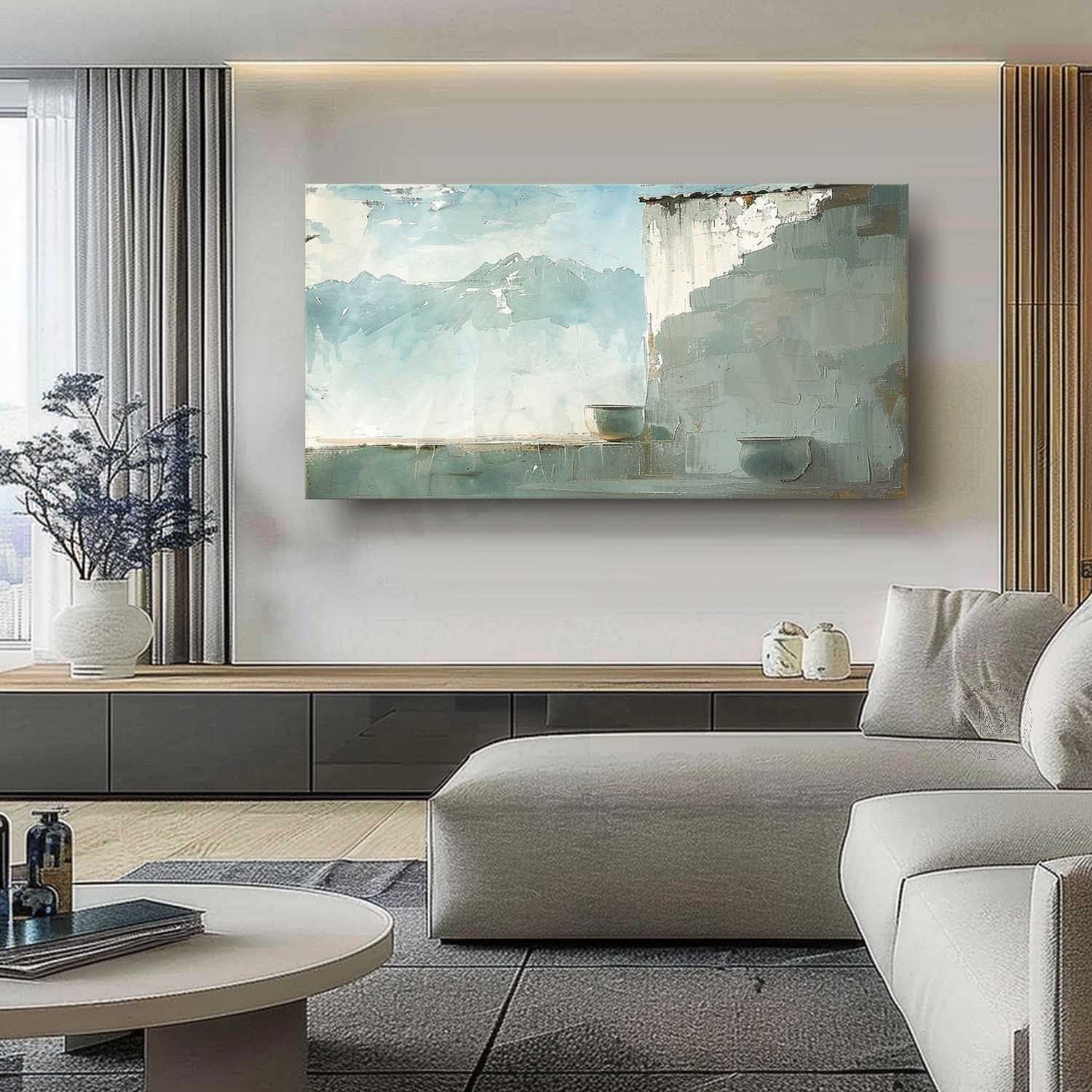 Large Green and Grey Landscape Canvas Art for Sale Wabi-Sabi Wall Art Green Landscape Painting