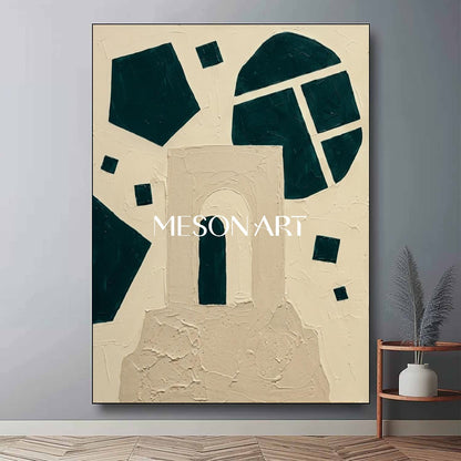 MesonArt 3D Geometric Arch Plaster Canvas | Teal & Beige Wall Art