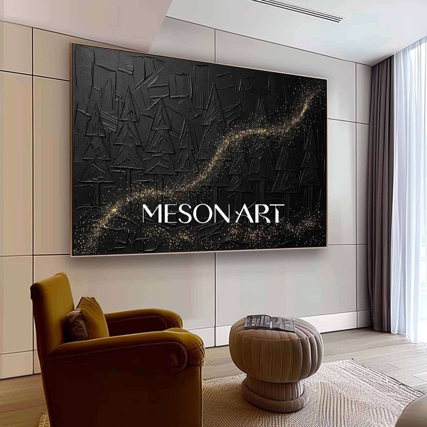 Large Abstract Forest Black Gold Canvas 3D Textured Geometric Pine Tree Art