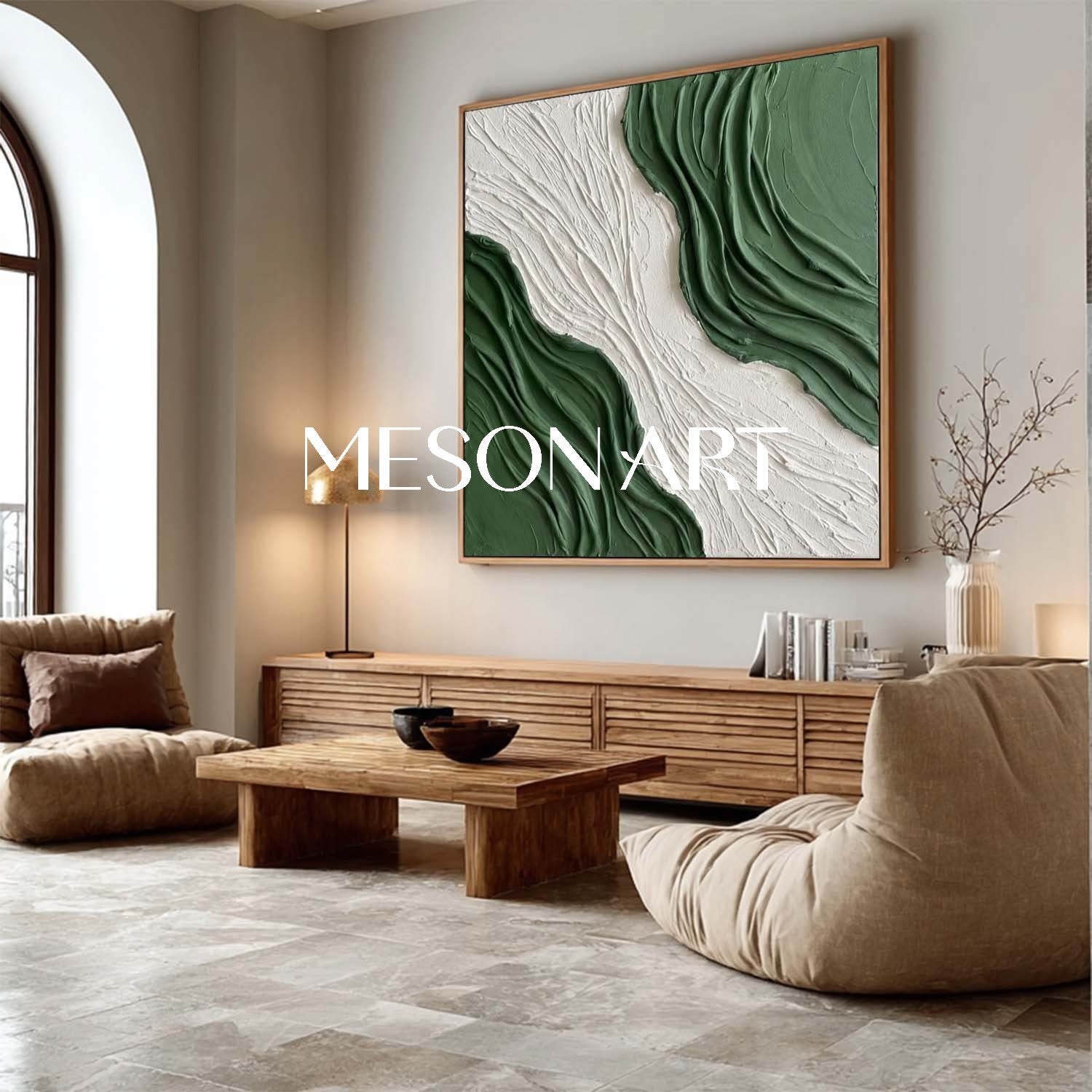 White And Green Living Room Wall Art 3D Green Wave Texture Painting