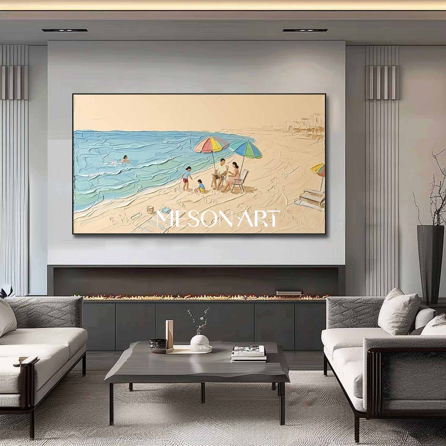Family Beach Scene Wall Art Morandi Seascape Painting Large Vertical Canvas Art