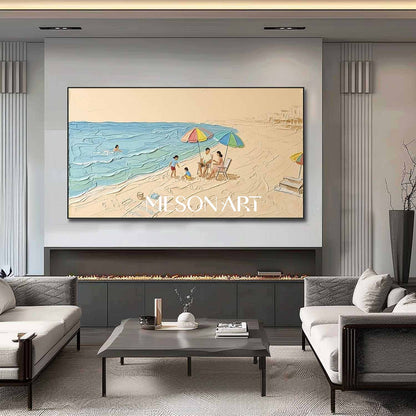 Family Beach Scene Wall Art Morandi Seascape Painting Large Vertical Canvas Art