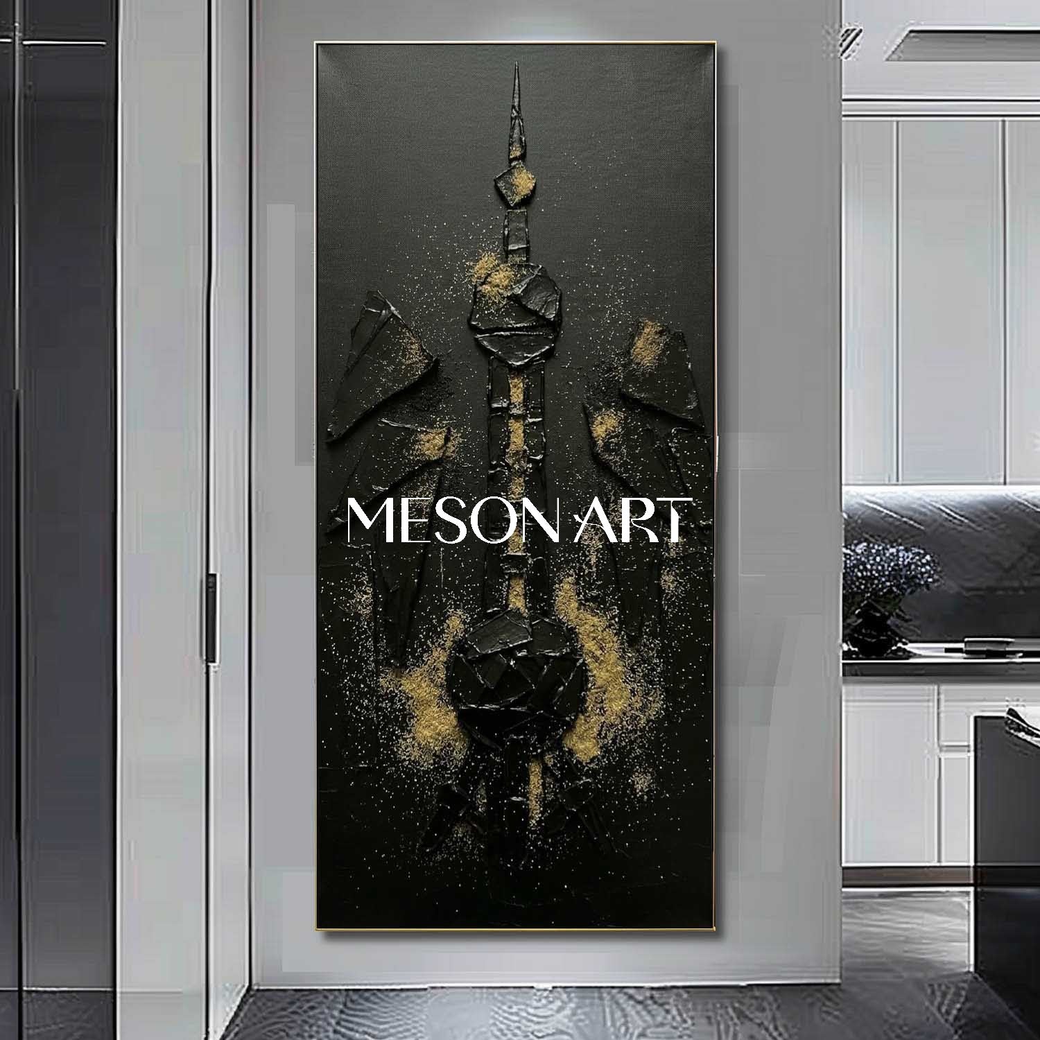 Abstract Tower Wall Art, Landmark Silhouette Canvas, Symmetrical Geometric Painting, Floating Shards Decor.