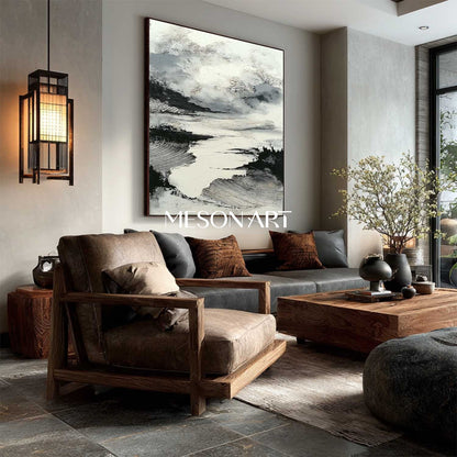 Square Minimalist Abstract Canvas Handmade White Black Wall Art Decor