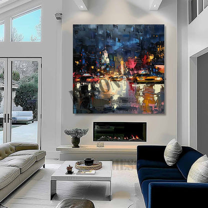 City Street Night Scene Texture Painting 3D Colorful City Street Night Scene Canvas Wall Art